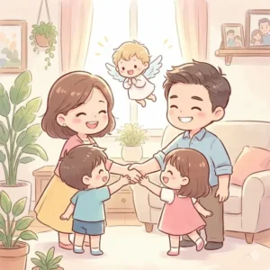 家族で握手しているイラスト