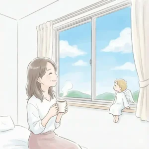 コーヒーを飲みながら窓の外を見ているイラスト