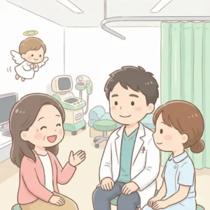 医師や看護師と笑顔で会話しているイラスト