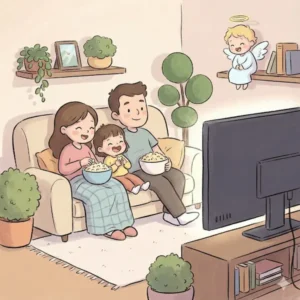 家族でテレビを見ているイラスト