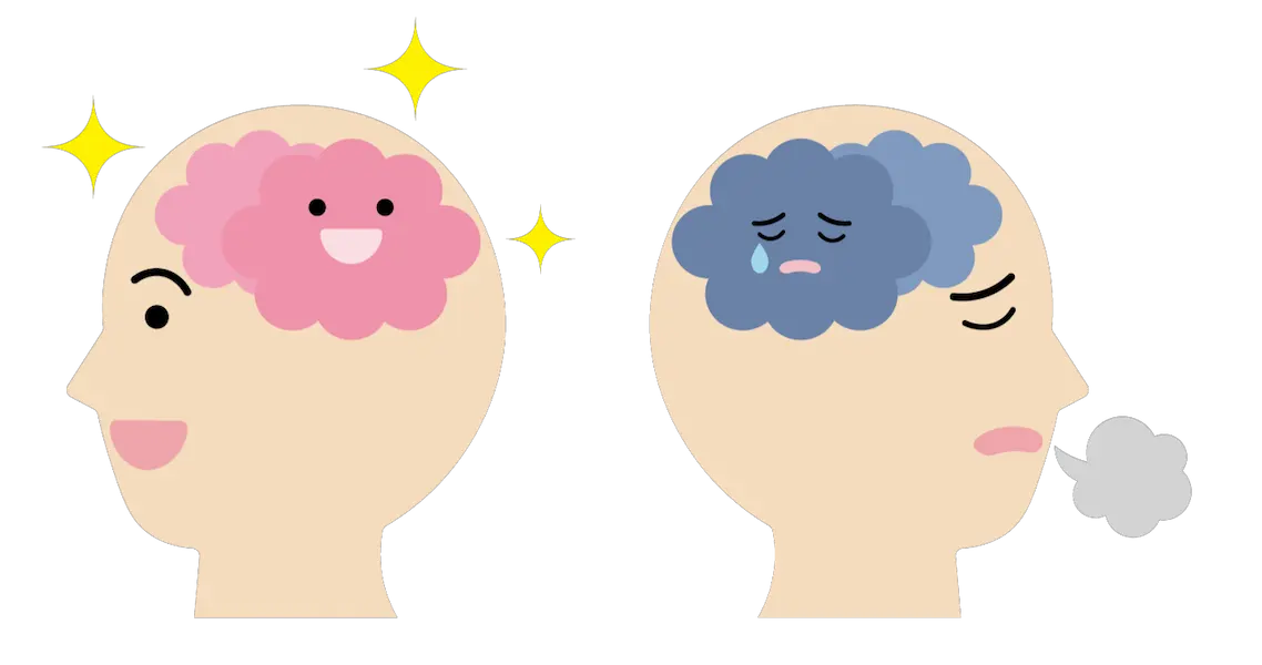 笑顔に人、悲しい人の脳内を比較したイラスト