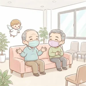 病院の待合室で会話している男性のイラスト