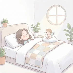 不安な顔でベッドに横になっているイラスト