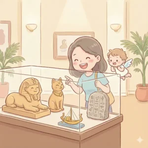 エジプト文明の展示会を観覧しているイラスト