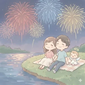 河川敷で花火を楽しんでいる夫婦のイラスト