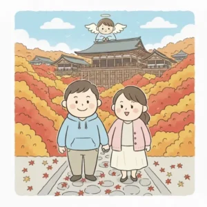 京都の清水寺と夫婦のイラスト