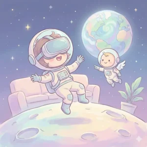 VRゴーグルで月面旅行をしているイラスト