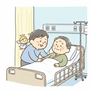 父親にお見舞いに来ている男性のイラスト画像