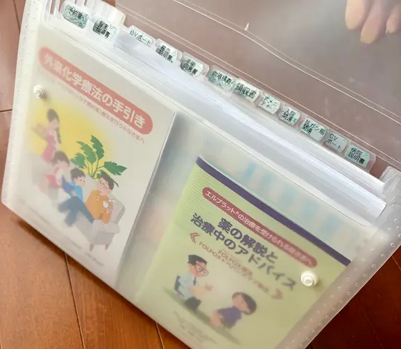 入院書類をまとめたクリアファイル